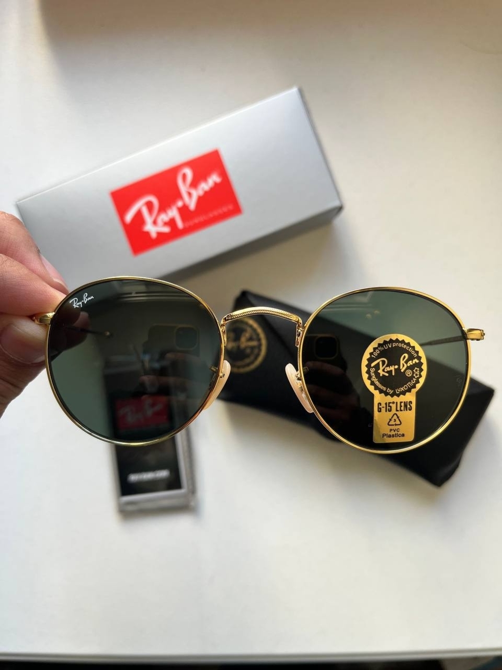 Ray-Ban Round Metal Sunglasses Gold Frame Sunglasses with G15 Green Lenses